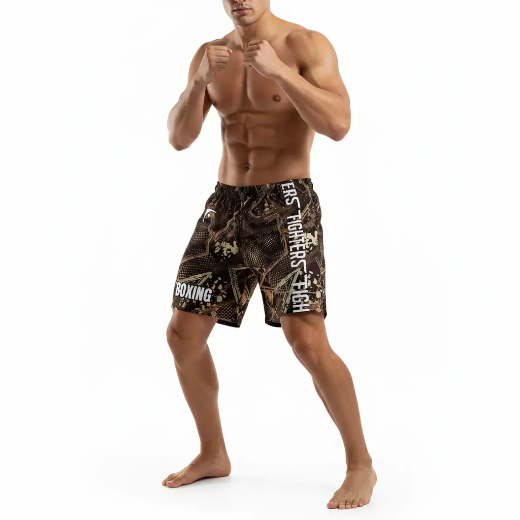 Fighters Corner camo boxing shorts athletic pose mockup showing training stance with one leg forward for boxing gear, fight wear, combat sports and athletic wear