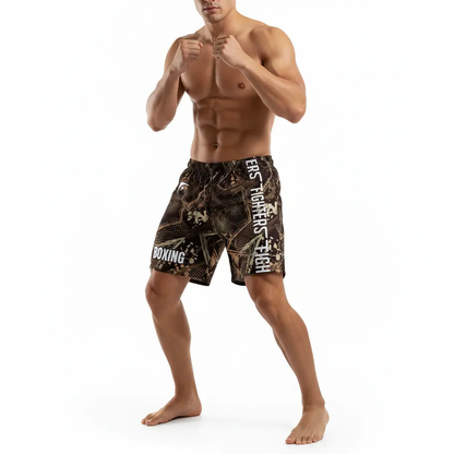 Fighters Corner camo boxing shorts athletic pose mockup showing training stance with one leg forward for boxing gear, fight wear, combat sports and athletic wear