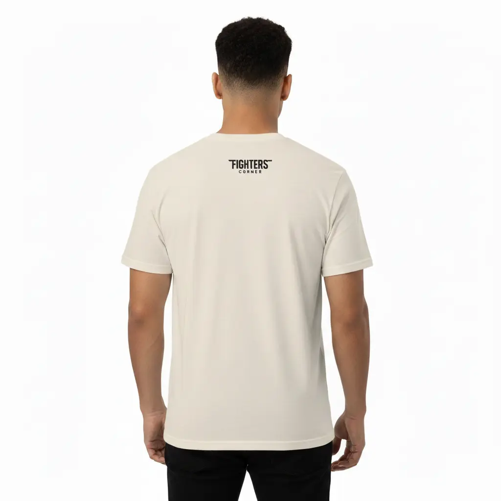 Fighters Corner beige boxing t-shirt back view mockup featuring Fighters branding - premium combat sports athletic wear for fight training