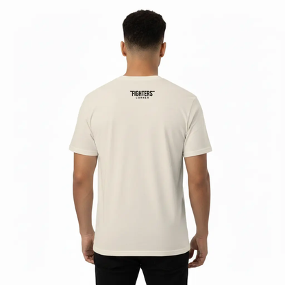 Fighters Corner beige boxing t-shirt back view mockup featuring Fighters branding - premium combat sports athletic wear for fight training