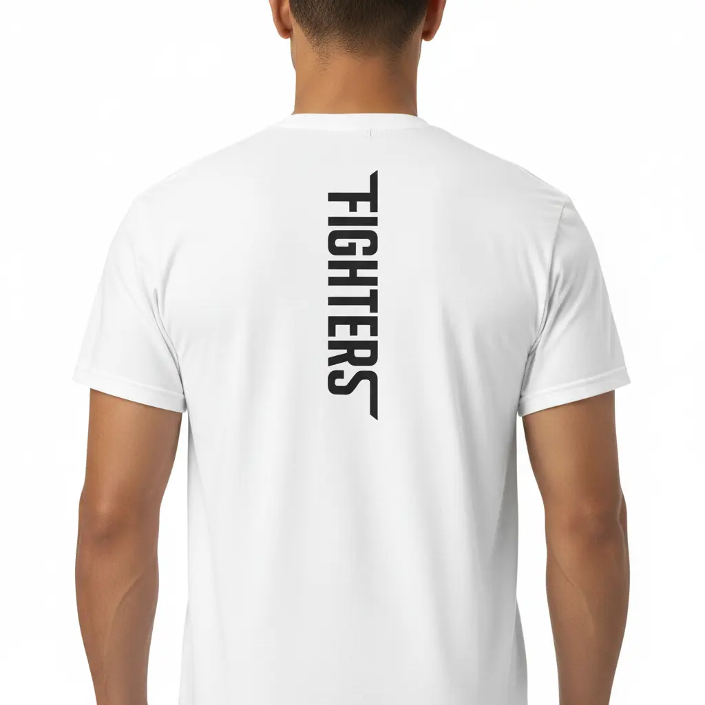 Fighters Corner white t-shirt back view mockup - premium combat sports athletic wear with FIGHTERS text print