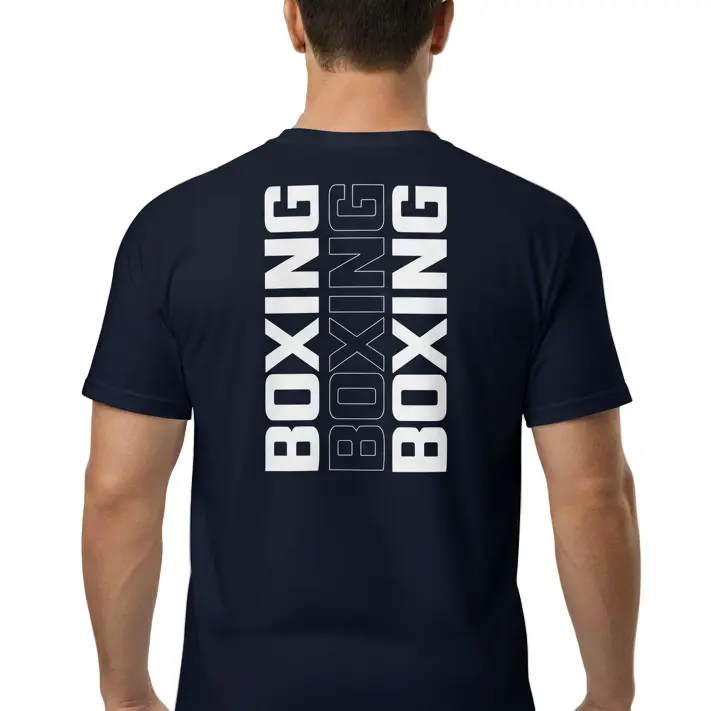 Person wearing a navy blue t-shirt with 'BOXING' printed vertically on the back.
