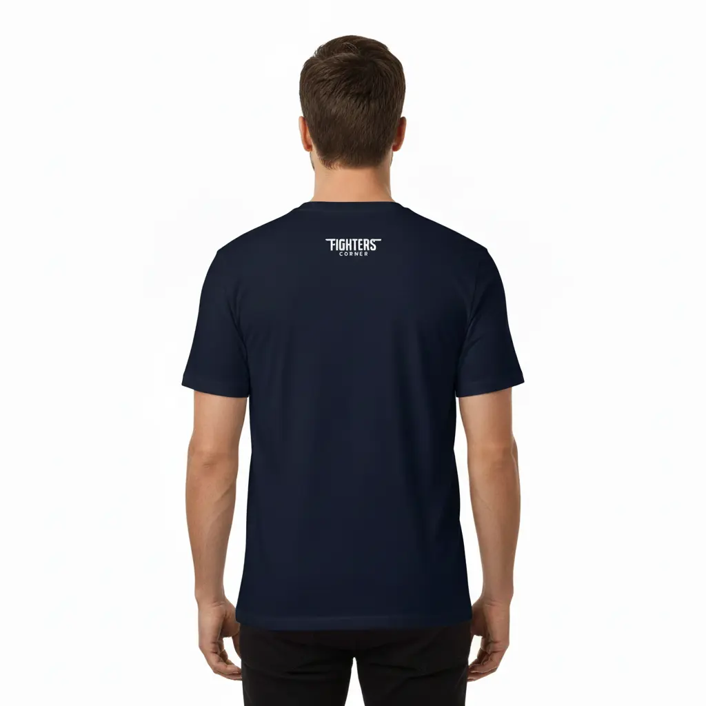 Fighters Corner navy blue boxing t-shirt mockup back view with fighters logo graphic - premium combat sports apparel