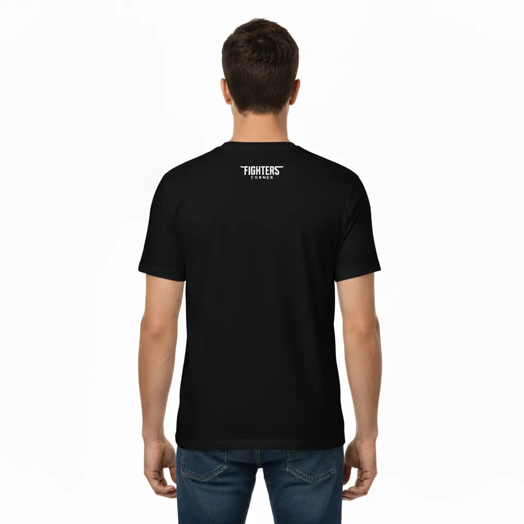 Fighters Corner black t-shirt mockup back view featuring graphic logo on the back against a white background