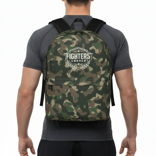 Fighters Corner camouflage backpack back view with black straps