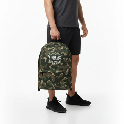 Fighters Corner camouflage backpack lifestyle pose held by person