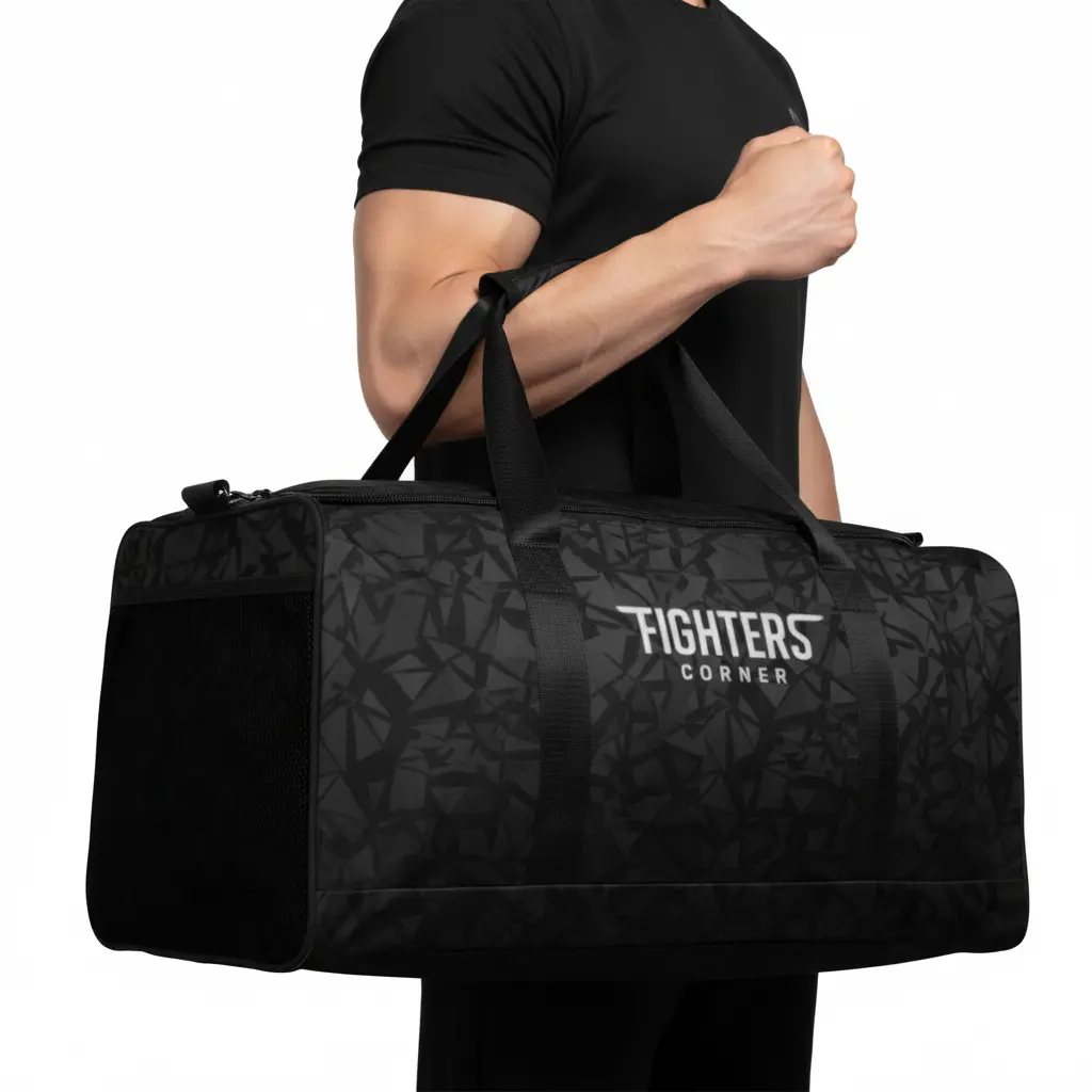 Fighters Corner black duffel bag close-up hand detail