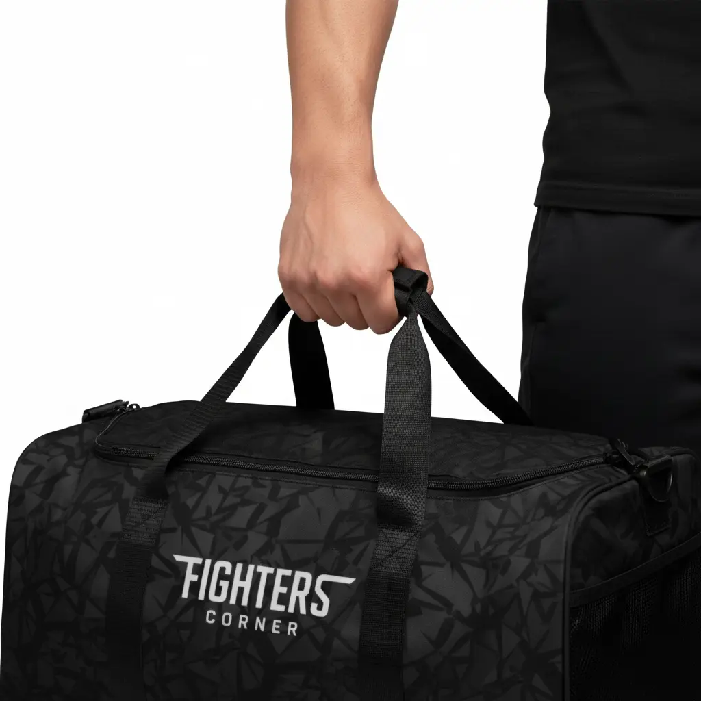 Fighters Corner black duffel bag hand close-up