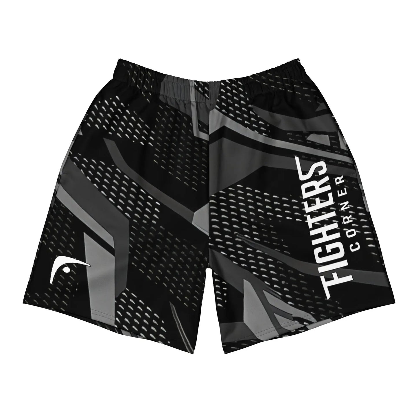 A pair of black athletic boxing shorts with a geometric pattern in black and grey tones, featuring a logo on the right leg and the text 'FIGHTERS CORNER' on the waistband.