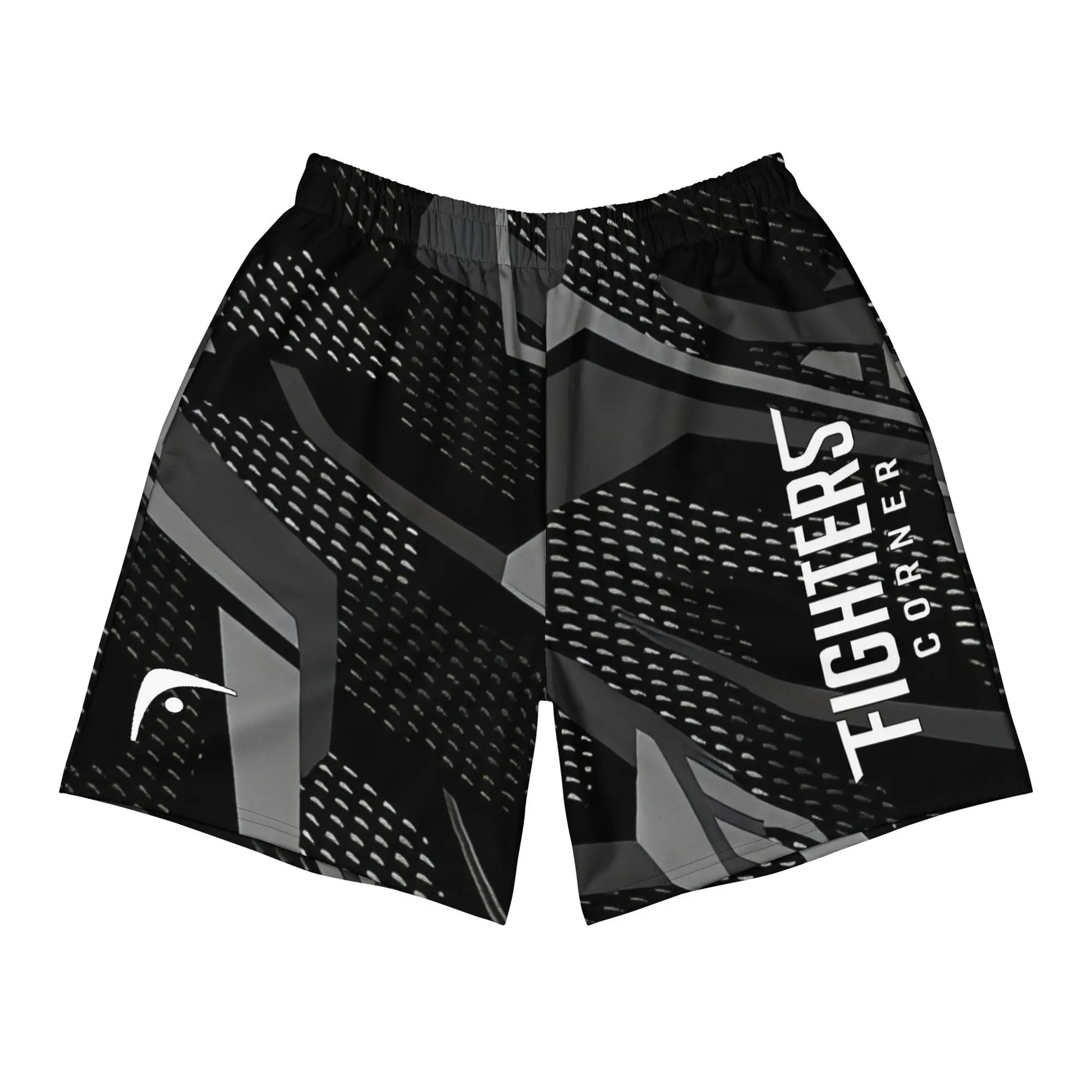 A pair of black athletic boxing shorts with a geometric pattern in black and grey tones, featuring a logo on the right leg and the text 'FIGHTERS CORNER' on the waistband.