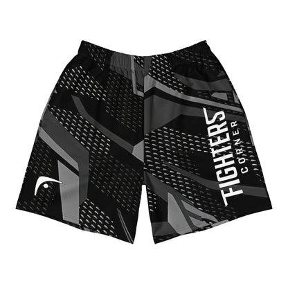 A pair of black athletic boxing shorts with a geometric pattern in black and grey tones, featuring a logo on the right leg and the text 'FIGHTERS CORNER' on the waistband.