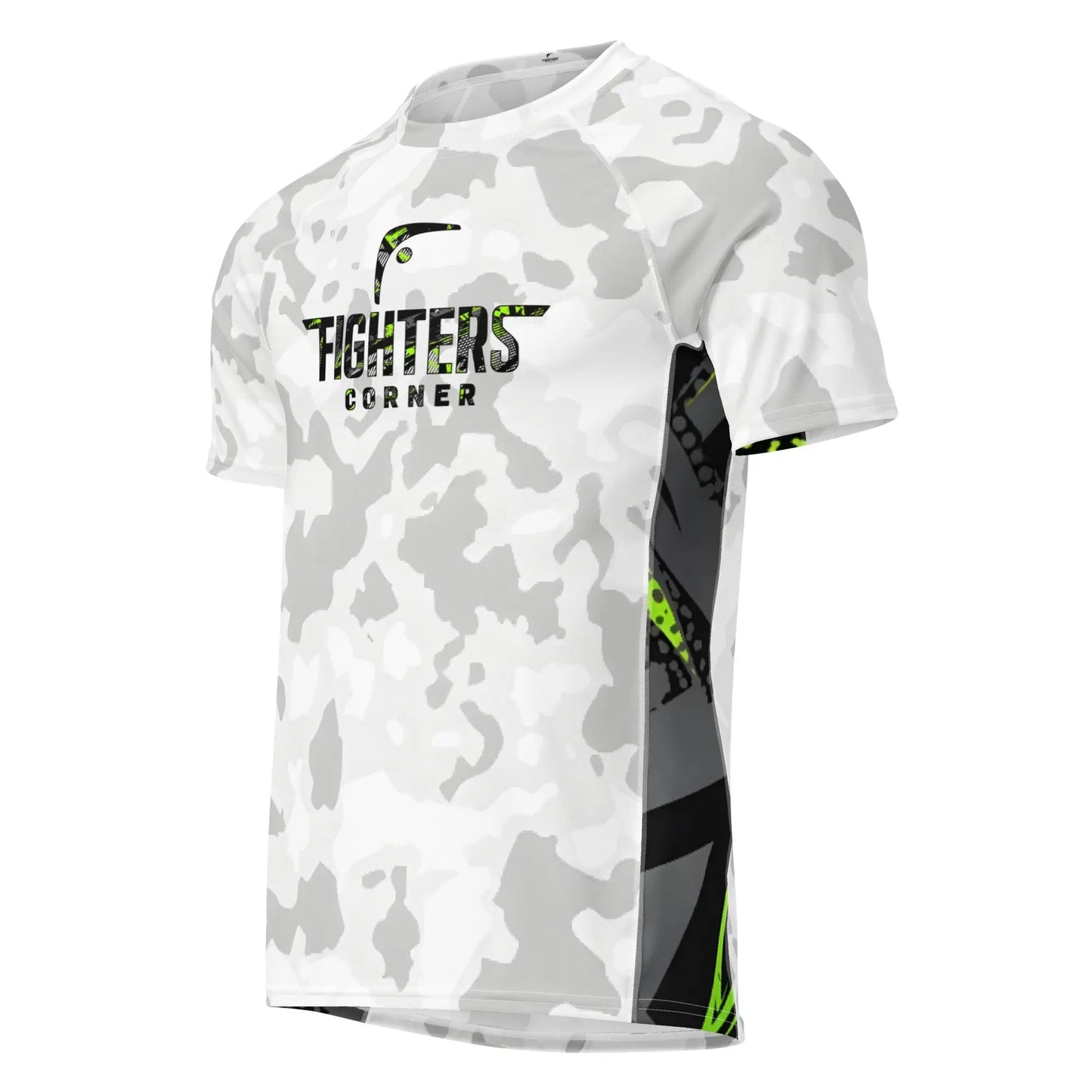 Angled front view of Arctic Strike boxing compression shirt featuring white camo pattern with black and neon green side panels and Fighters Corner logo.
