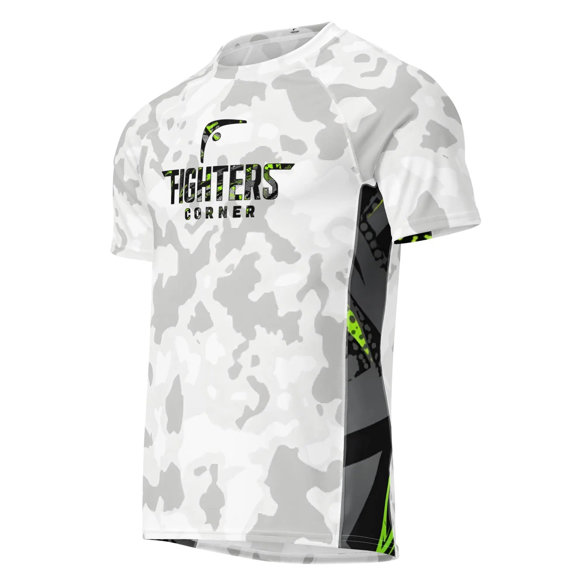 Angled front view of Arctic Strike boxing compression shirt featuring white camo pattern with black and neon green side panels and Fighters Corner logo.