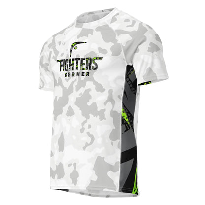 Angled front view of Arctic Strike boxing compression shirt featuring white camo pattern with black and neon green side panels and Fighters Corner logo.