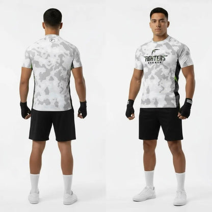 Front and back views of man wearing Arctic Strike boxing compression shirt in white camo pattern with black shorts and gloves.