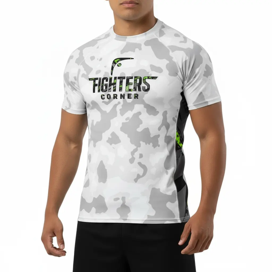 Fighters Corner white camouflage rash guard front view mockup - premium compression shirt for boxing gear, fight wear, combat sports and athletic training