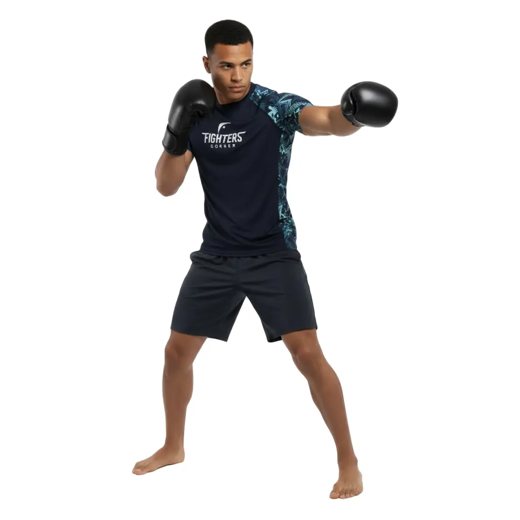 Male boxer wearing navy blue compression outfit and gloves