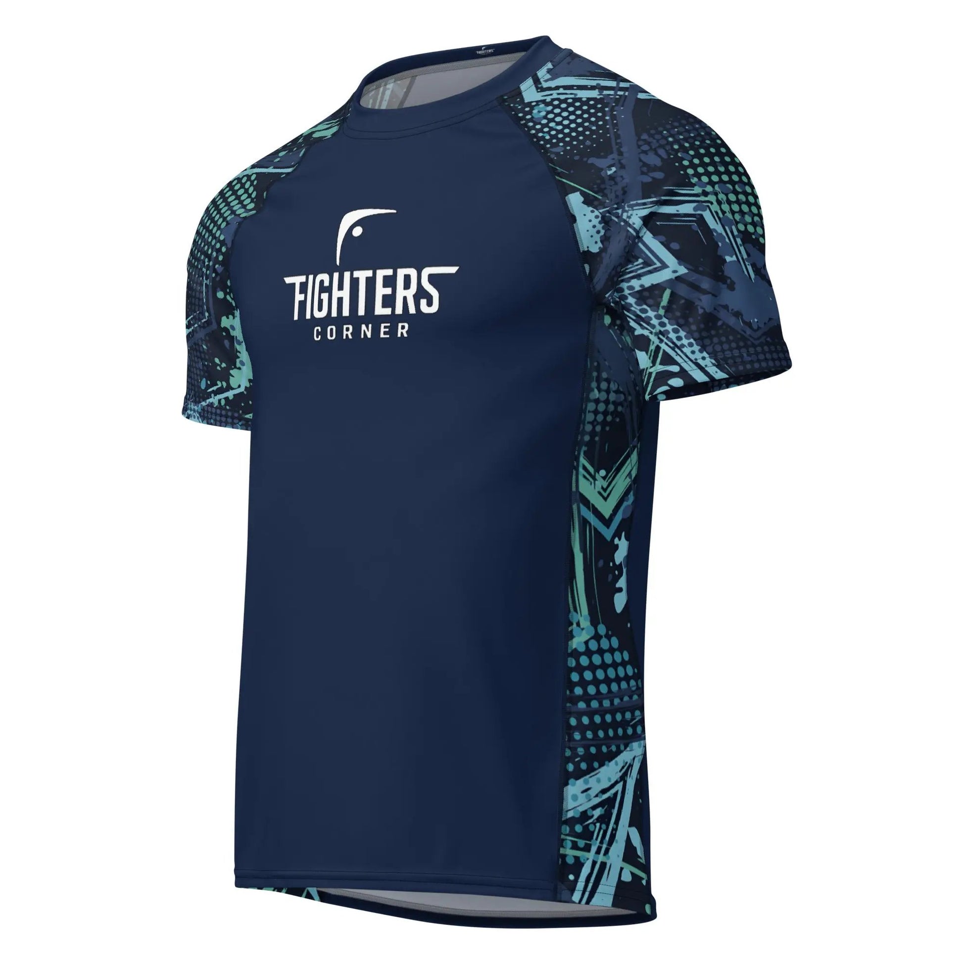 Front view of navy blue short-sleeve boxing compression shirt with geometric camo sleeves and Fighters Corner logo.