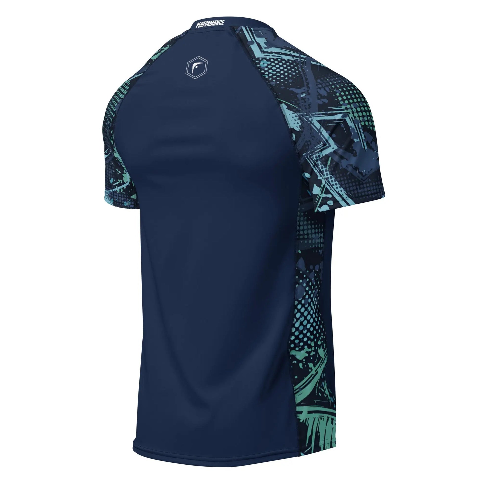 Back view of navy blue short-sleeve boxing rash guard with geometric camo sleeves — Fighters Corner.