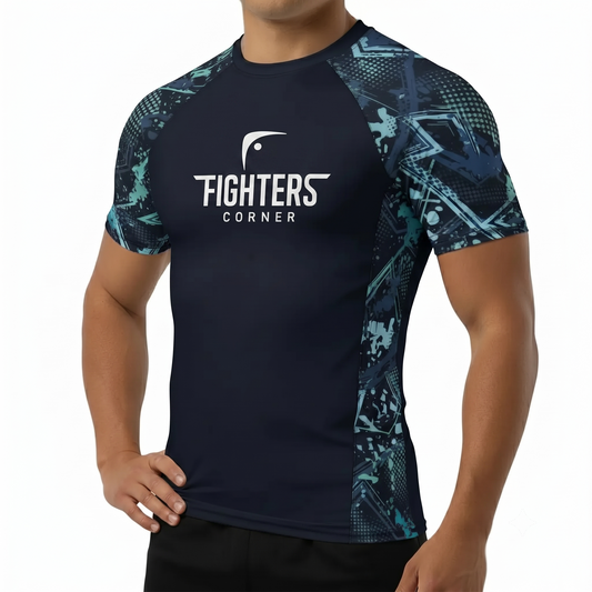 Fighters Corner boxing apparel - black dark camo athletic t-shirt with blue patterns and Fighters Corner logo - combat sports fight wear and boxing gear