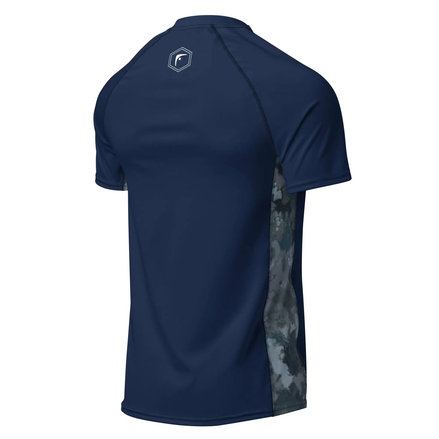 Back view of navy blue recycled short-sleeve rash guard with geometric camo side panels — Fighters Corner.