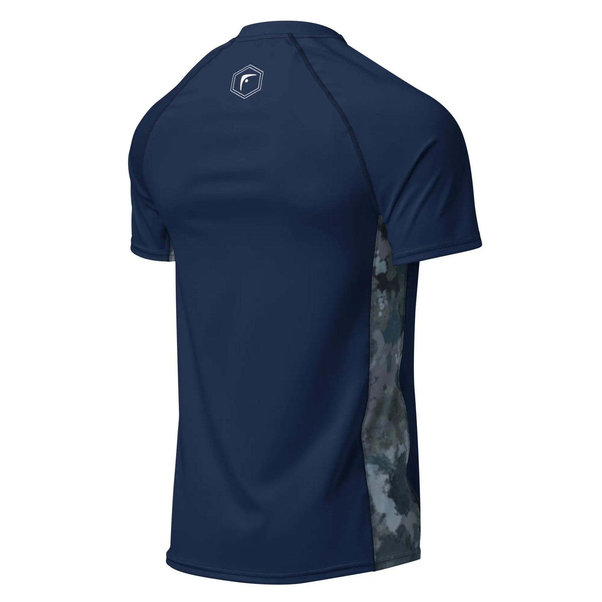 Back view of navy blue recycled short-sleeve rash guard with geometric camo side panels — Fighters Corner.