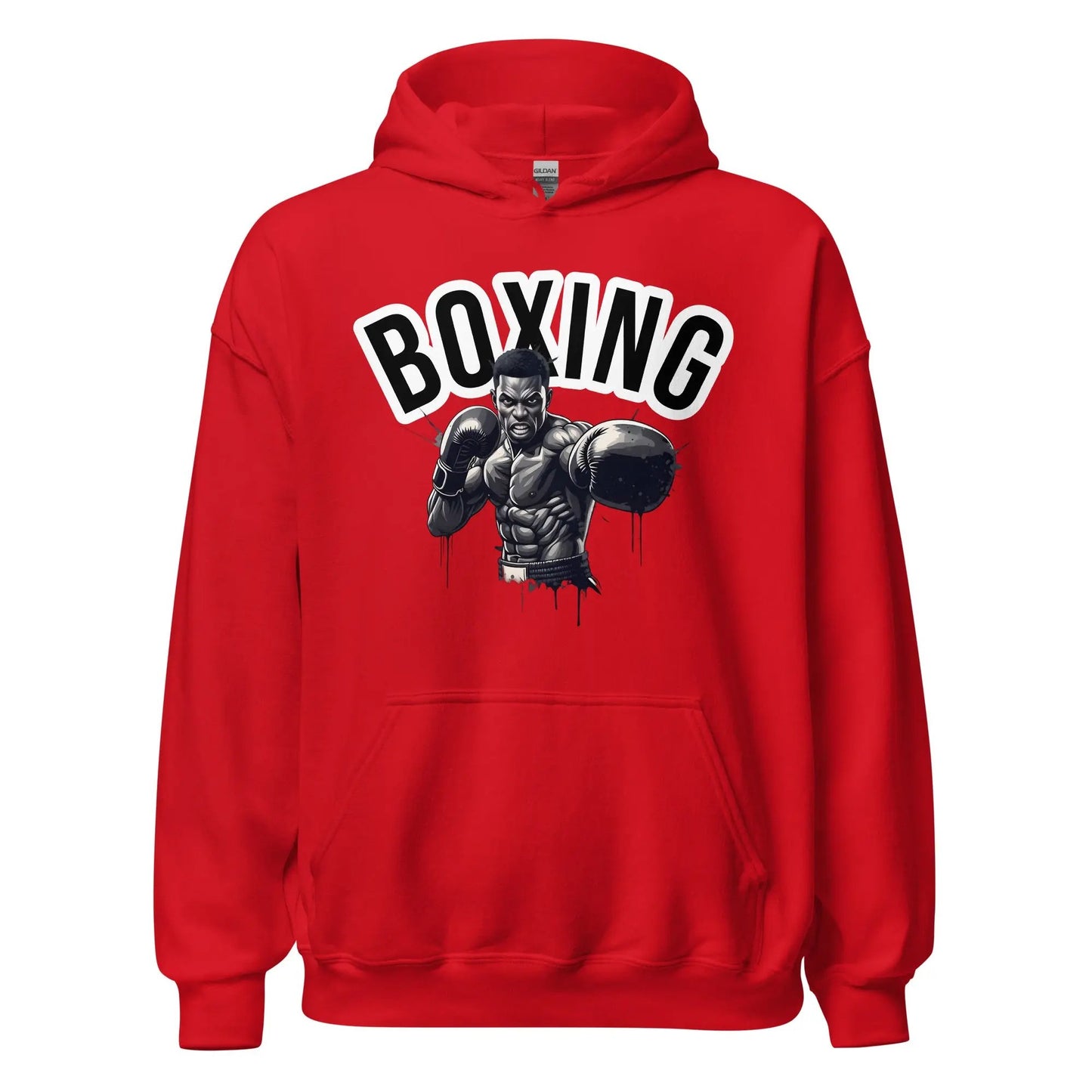 Front view of red unisex hoodie with Boxing graphic featuring a boxer illustration — Fighters Corner.