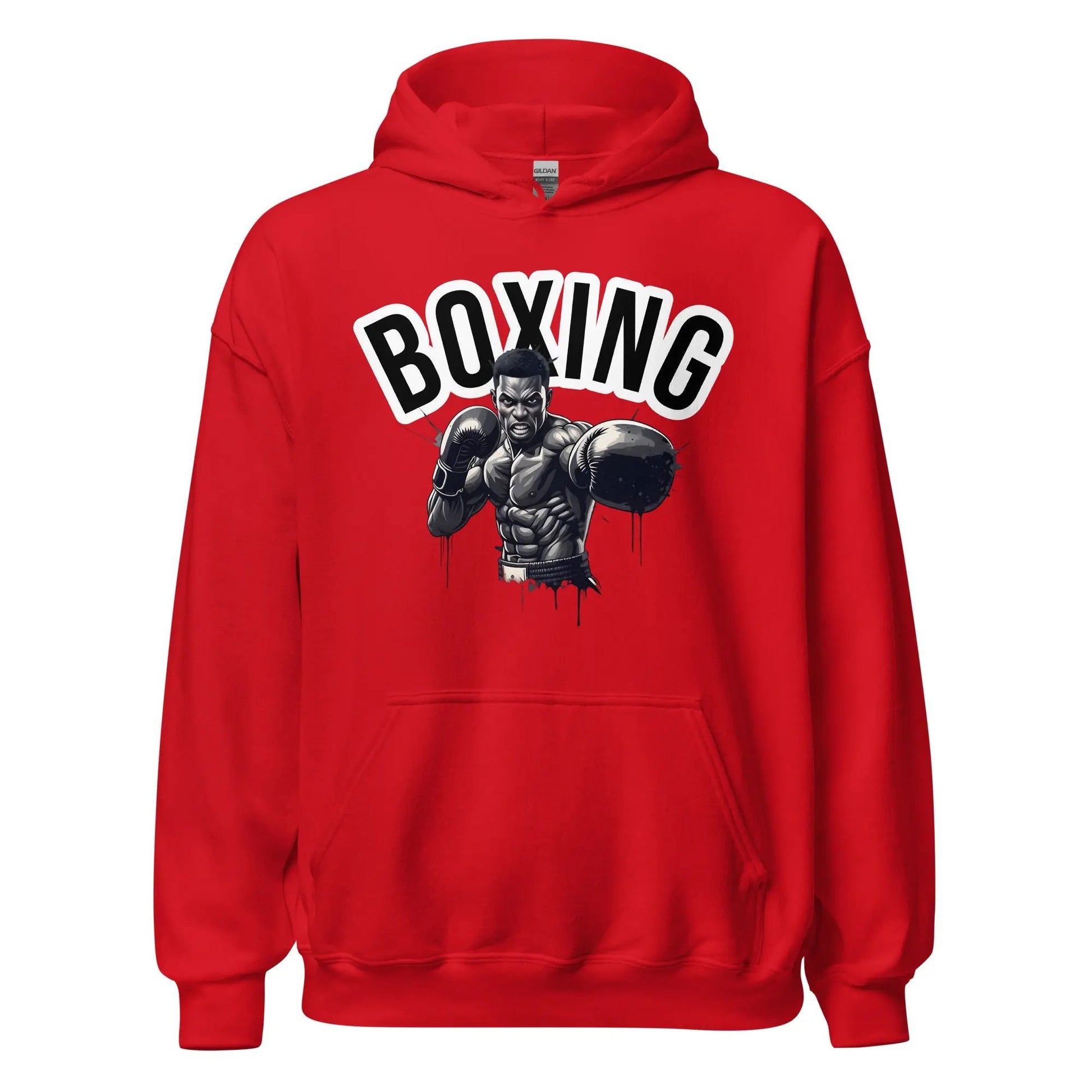 Front view of red unisex hoodie with Boxing graphic featuring a boxer illustration — Fighters Corner.