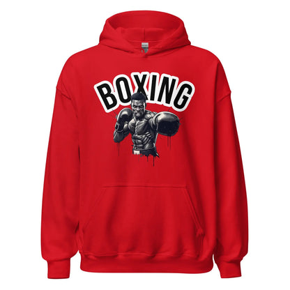 Front view of red unisex hoodie with Boxing graphic featuring a boxer illustration — Fighters Corner.