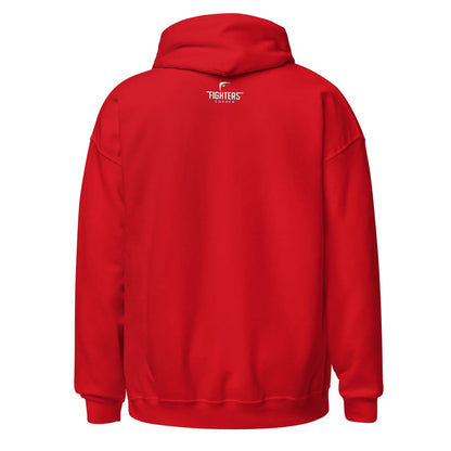 back view of red unisex hoodie with Boxing graphic featuring a Fighters Corner logo.