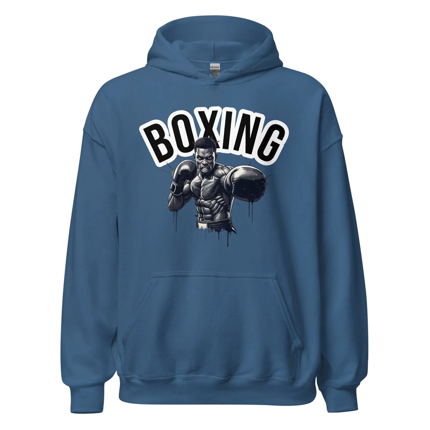 Blue hoodie with a graphic of a boxer and the word 'BOXING' on a white background