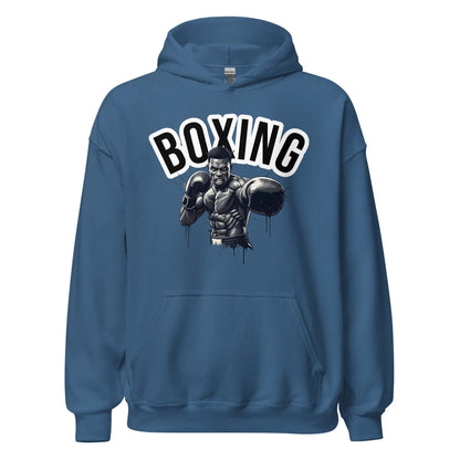 Blue hoodie with a graphic of a boxer and the word 'BOXING' on a white background