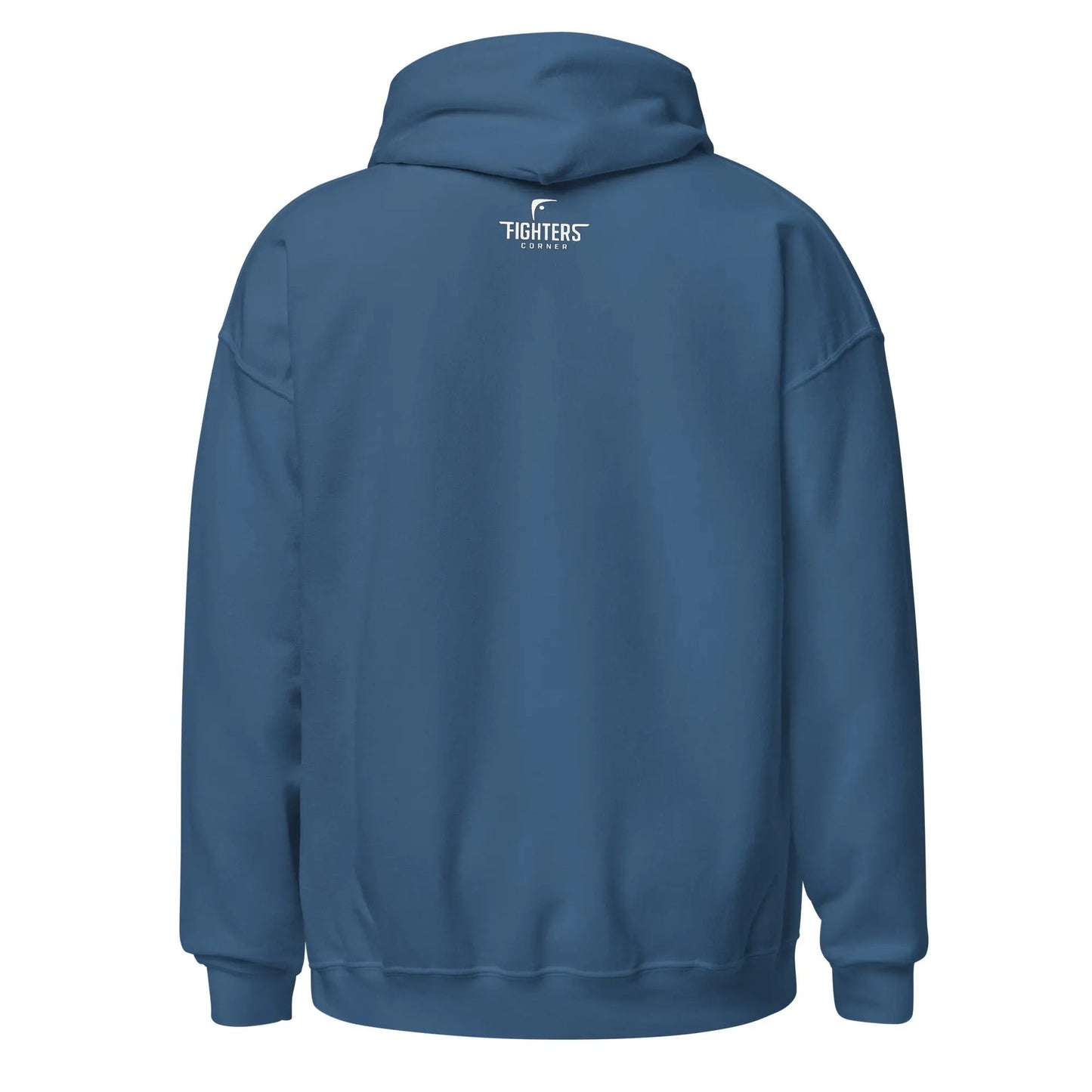 Blue hoodie with a fighters corner logo on the back against a white background