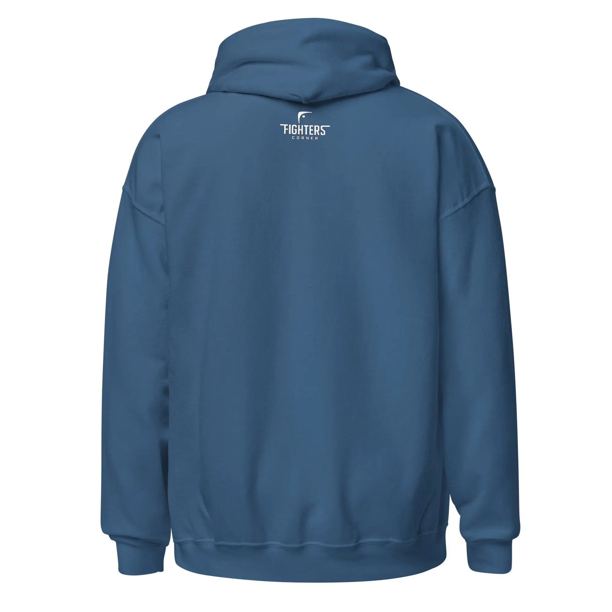 Blue hoodie with a fighters corner logo on the back against a white background