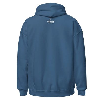 Blue hoodie with a fighters corner logo on the back against a white background