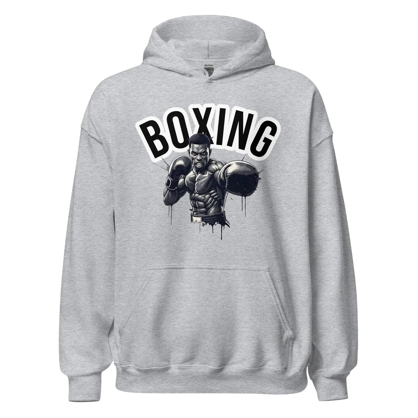 Front view of grey unisex hoodie with Boxing graphic featuring a boxer illustration — Fighters Corner.