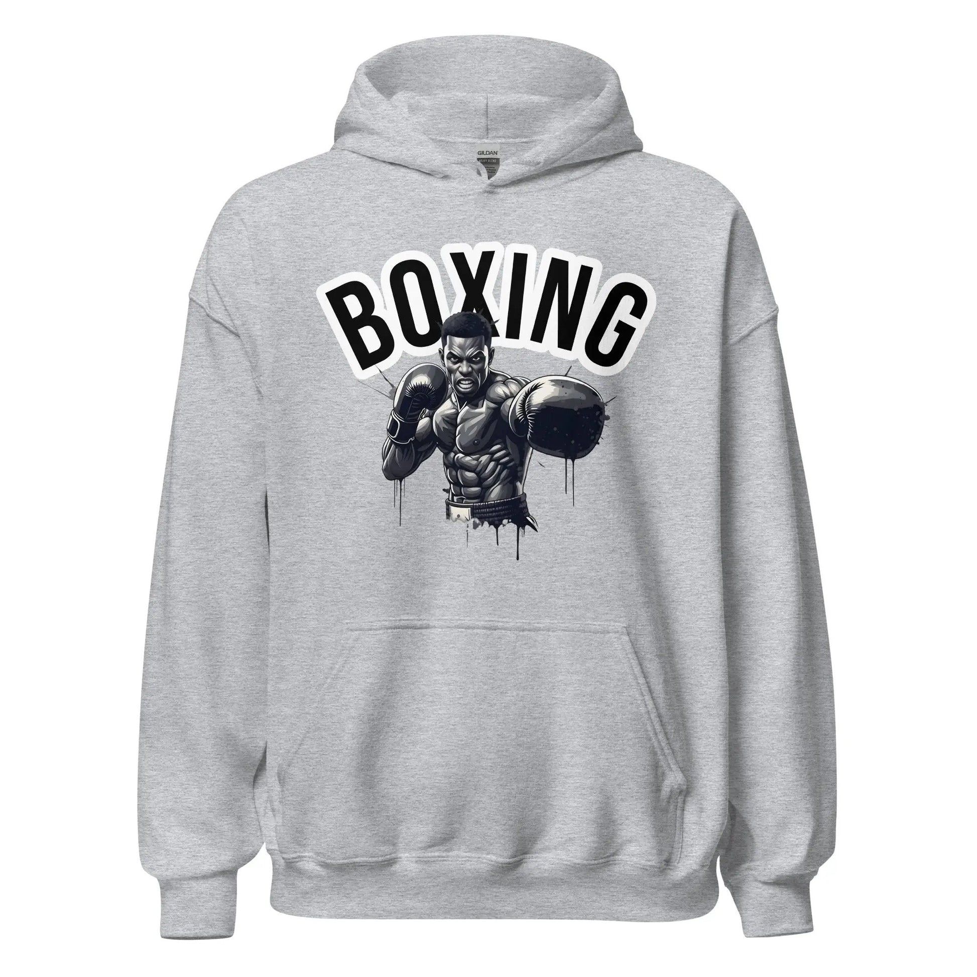 Front view of grey unisex hoodie with Boxing graphic featuring a boxer illustration — Fighters Corner.