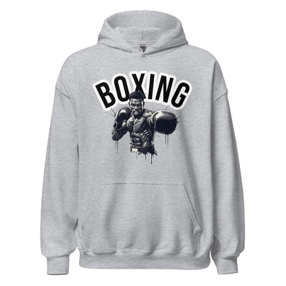 Front view of grey unisex hoodie with Boxing graphic featuring a boxer illustration — Fighters Corner.