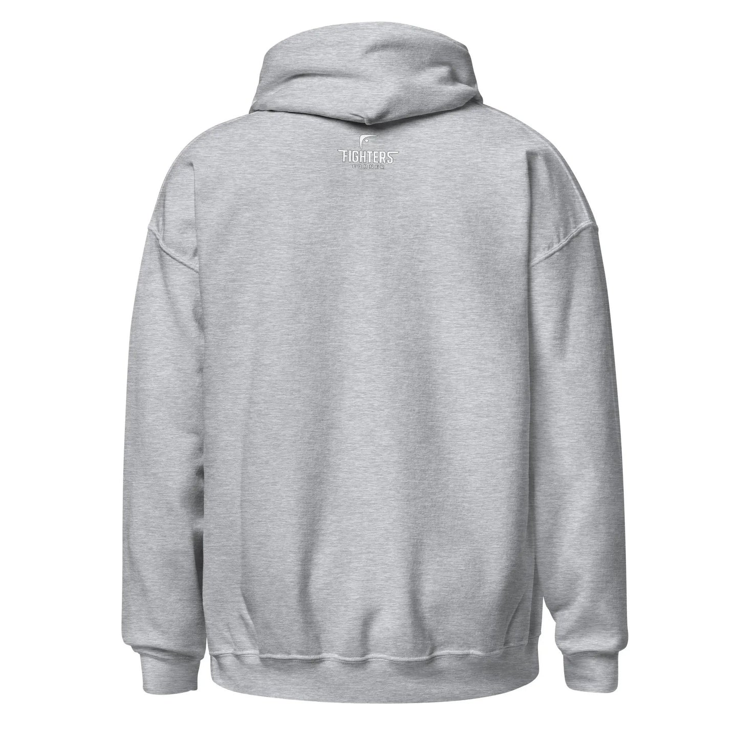 Back view of grey unisex hoodie with Boxing graphic featuring a Fighters Corner logo.