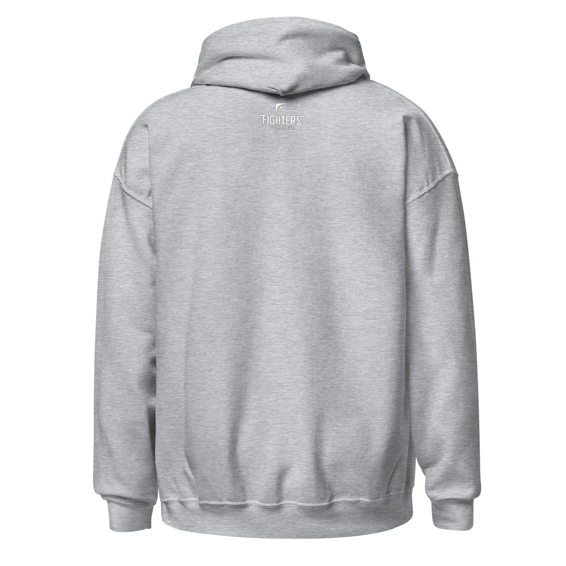 Back view of grey unisex hoodie with Boxing graphic featuring a Fighters Corner logo.