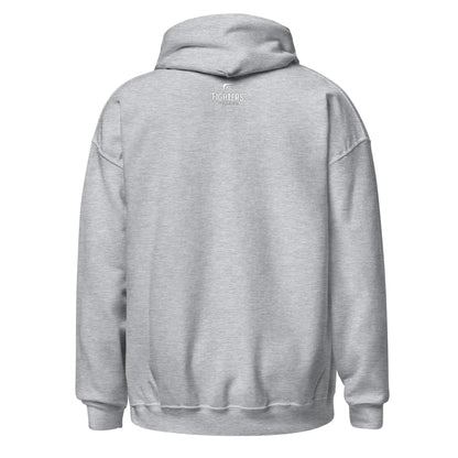 Back view of grey unisex hoodie with Boxing graphic featuring a Fighters Corner logo.