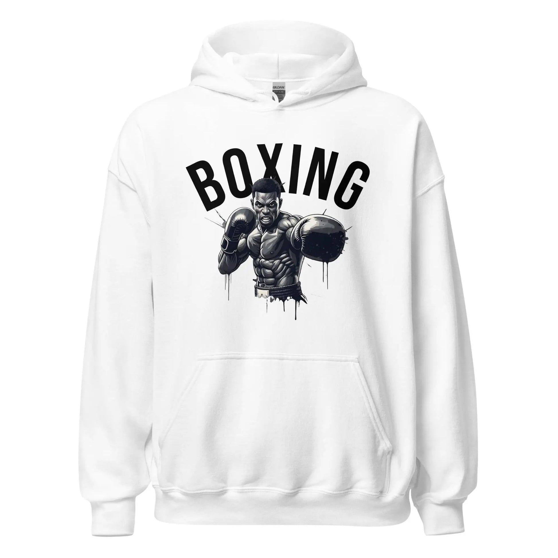 Front view of white unisex hoodie with Boxing graphic featuring a boxer illustration — Fighters Corner.