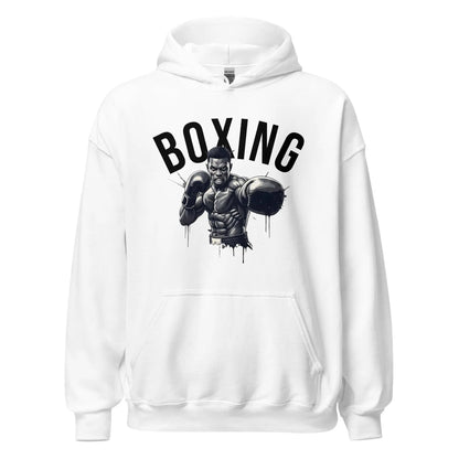 Front view of white unisex hoodie with Boxing graphic featuring a boxer illustration — Fighters Corner.