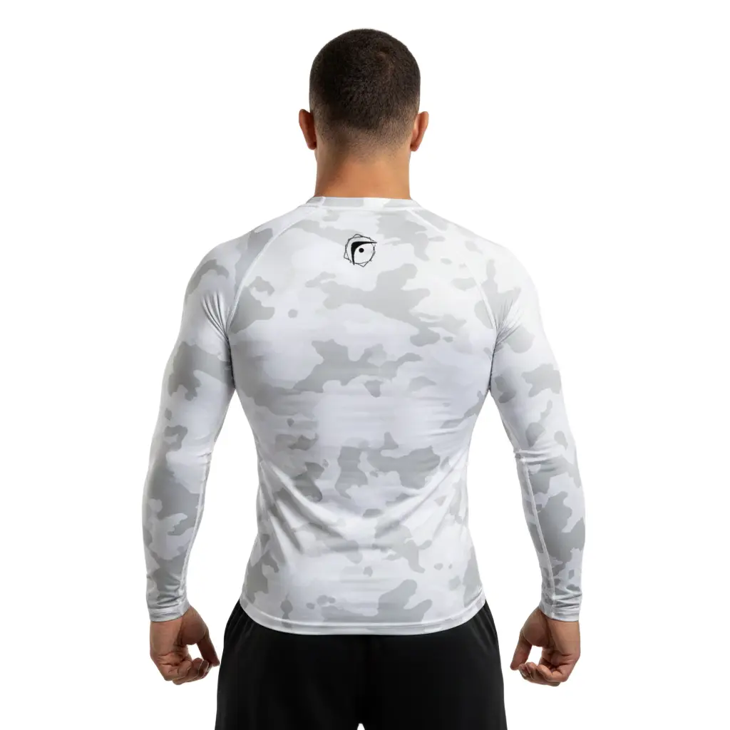 Fighters Corner white camouflage rash guard back view with logo
