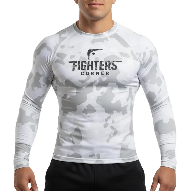 White camouflage long-sleeve compression shirt with 'Fighters Corner' logo on a white background