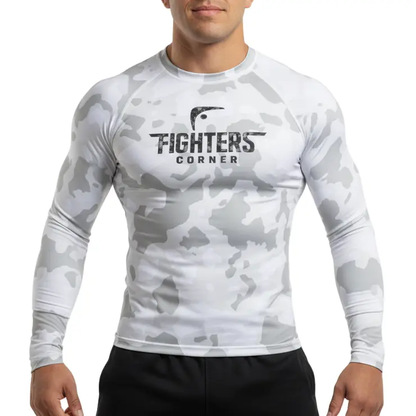 White camouflage long-sleeve compression shirt with 'Fighters Corner' logo on a white background