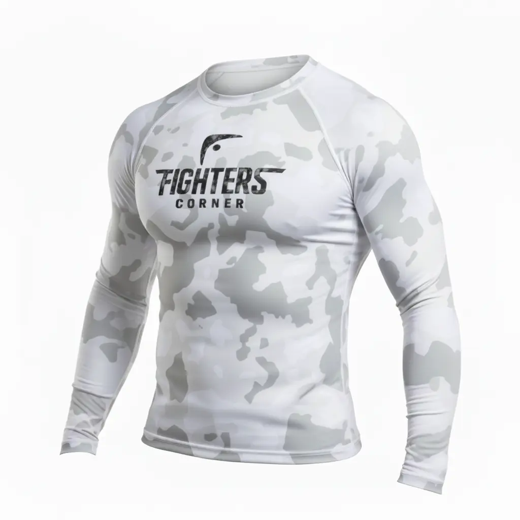 Fighters Corner white camouflage rash guard front view mockup