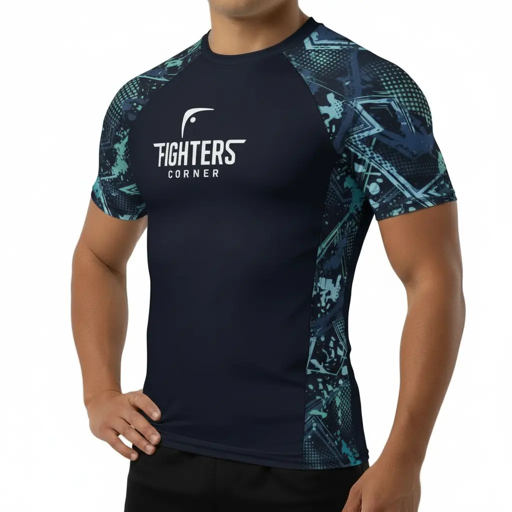 Fighters Corner boxing apparel - black dark camo athletic t-shirt with blue patterns and Fighters Corner logo - combat sports fight wear and boxing gear