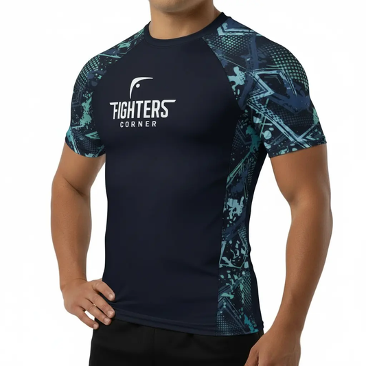 Fighters Corner boxing apparel - black dark camo athletic t-shirt with blue patterns and Fighters Corner logo - combat sports fight wear and boxing gear
