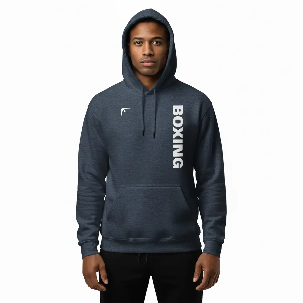 Fighters Corner dark heather blue boxing hoodie front neutral mockup - premium combat sports hooded sweatshirt for fight training and athletic wear